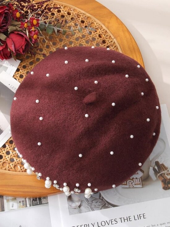 Women\'s Classic French Wool Beret Pearl & Rhinestone Embellishment Hat Coffee main image 4